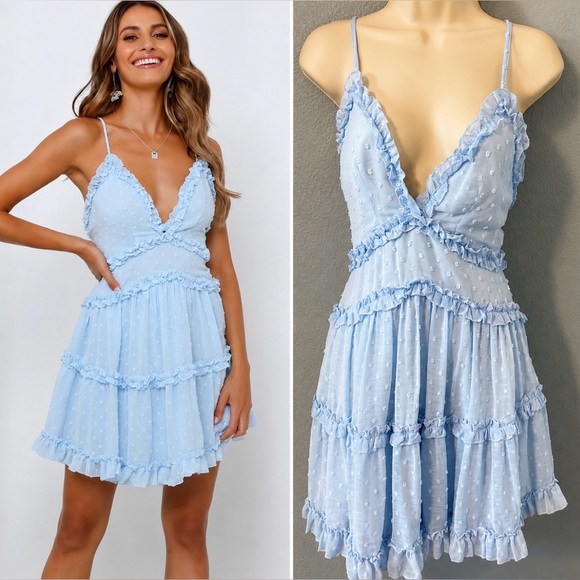 edite mode Dresses & Skirts - Edite Mode Blue Swiss Dot Tiered Mini Dress Ruffle Babydoll Coquette Party Small